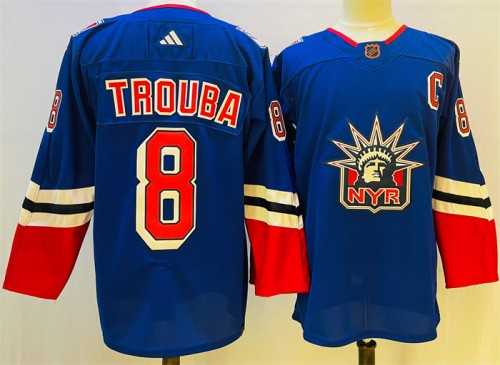 Men%27s New York Rangers #8 Jacob Trouba Blue 2022-23 Reverse Retro Stitched Jersey